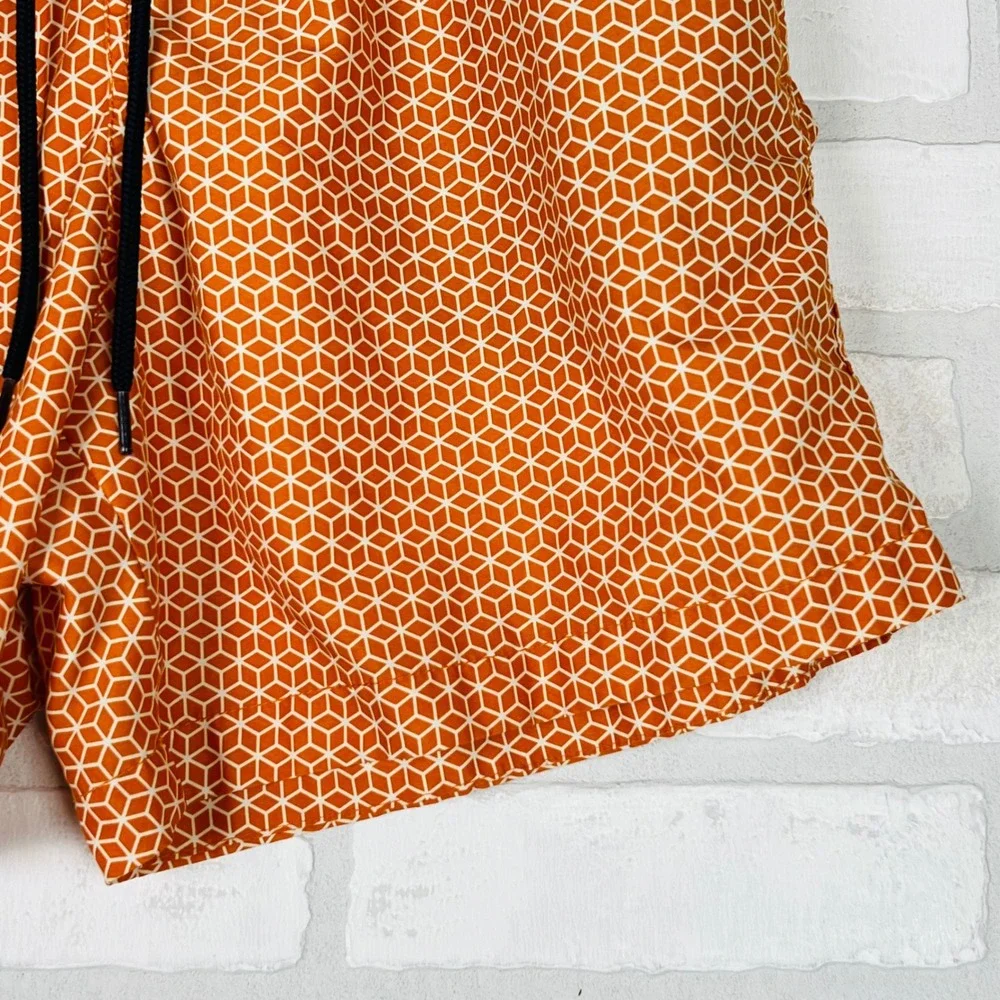 Mens Orange Geometric Honeycomb Cube Print Swim Trunks Elastic Waist Shorts M